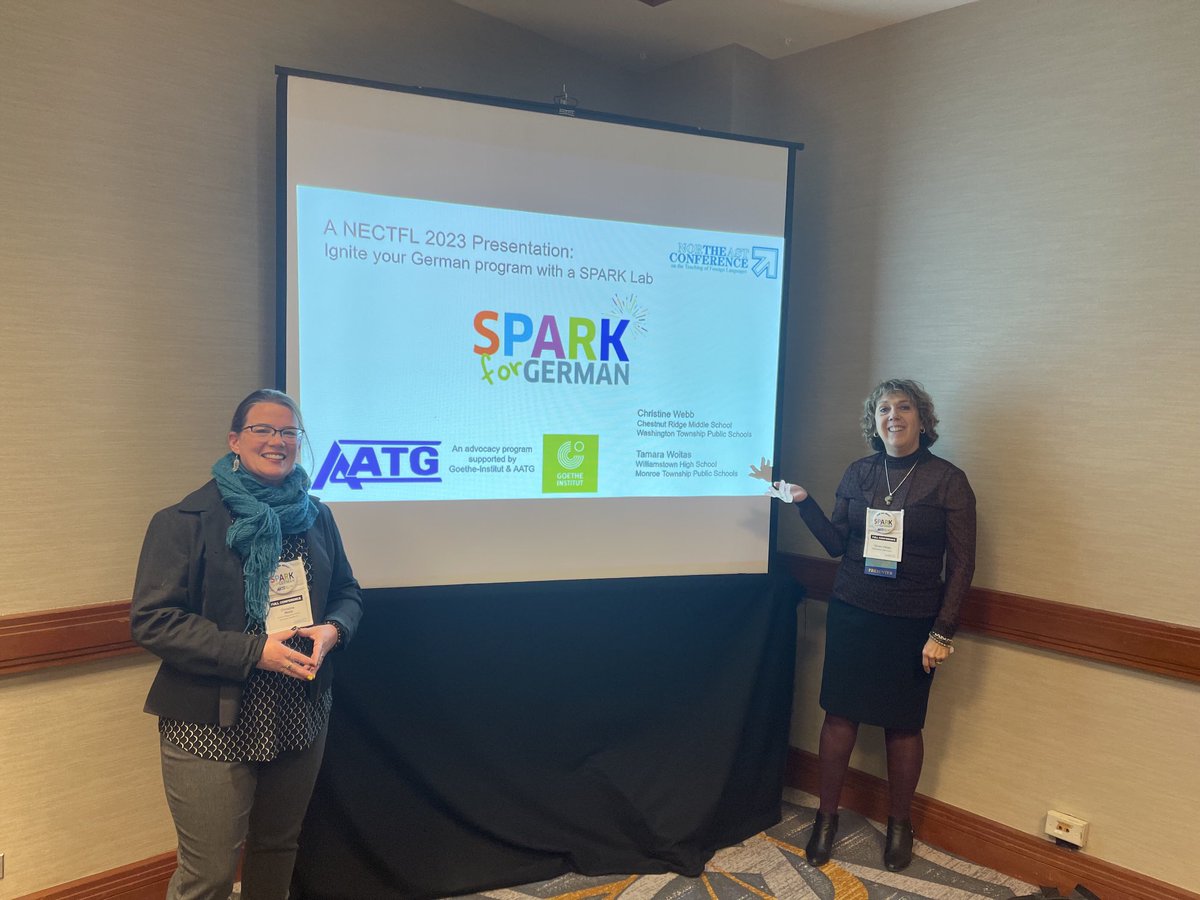FrauWebb's tweet photo. Our first presentation! #teamwork ⁦@Frauwoitas⁩ #NECTFL23 #SPARKforGerman @WilliamstownHS https://t.co/gKVk7ikQ7b