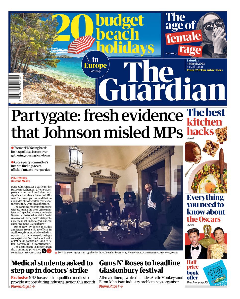 Saturday’s <a href="/guardian/">The Guardian</a> front page: Partygate: fresh evidence that Johnson misled MPs theguardian.com/politics/2023/…