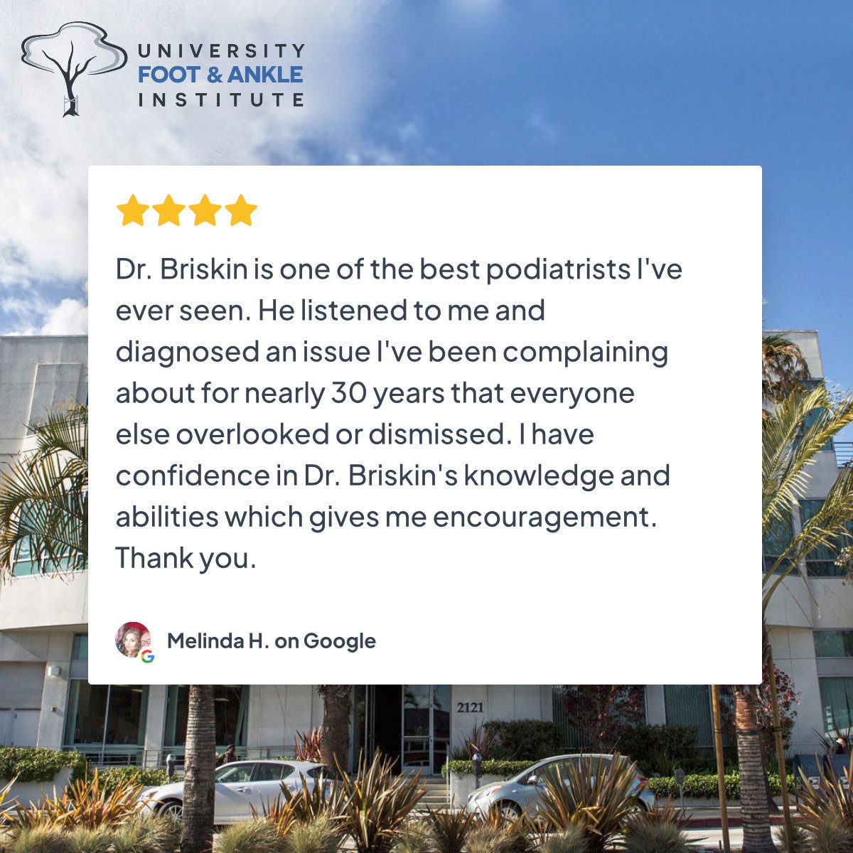 Another amazing review from one of our dear patients. Thank you for the kind words, Melinda!

#weloveourpatients #patienttestimonial #footandanklespecialist #UFAI #LosAngeles #podiatrist #SantaMonica #ElSegundo #ShermanOaks #drbriskin