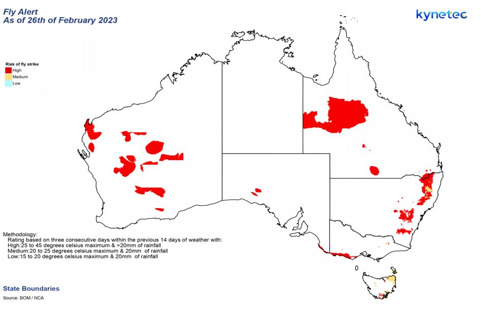 TEC_Aus's tweet photo. FLY ALERT. Emerging blowfly hotspots sweeping WA, nth of Kalbarri towards Esperance. High alert for central QLD, eastern NSW and segments of SA + VIC coastline. Moderate to high patches across Tassie. Severe buffalo fly conditions in the North. @kynetec #flystrike #flyboss https://t.co/R9qR95S5Qu