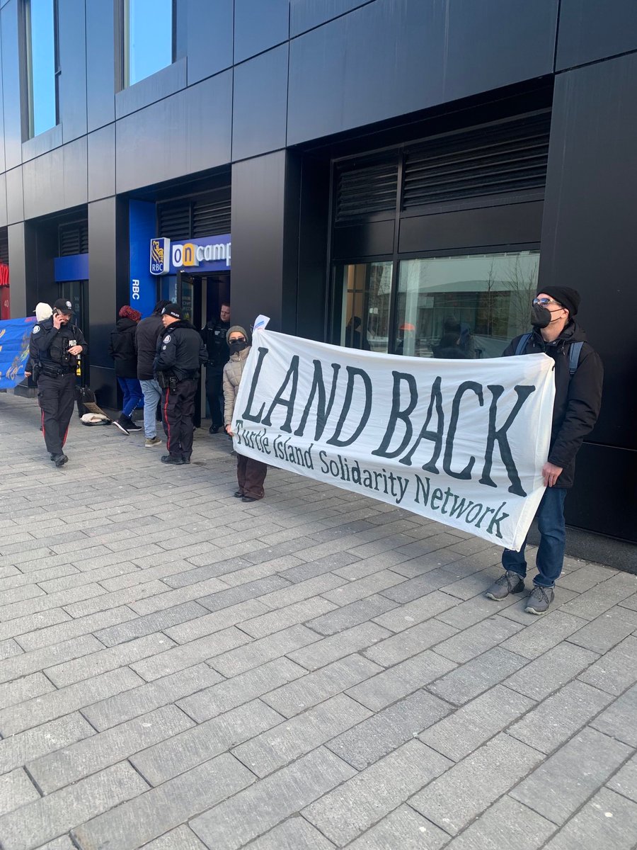 scmcanada's tweet photo. We disrupted with music while @RBC disrupts Wet’suwet’en land &amp; sacred headwaters with colonial &amp; environmental violence &amp; disrupts our planet with displacement, crop failures, and other forms of climate chaos disproportionately affecting the Global South. #ClimateReparationsNow https://t.co/Qcp35pVUo7