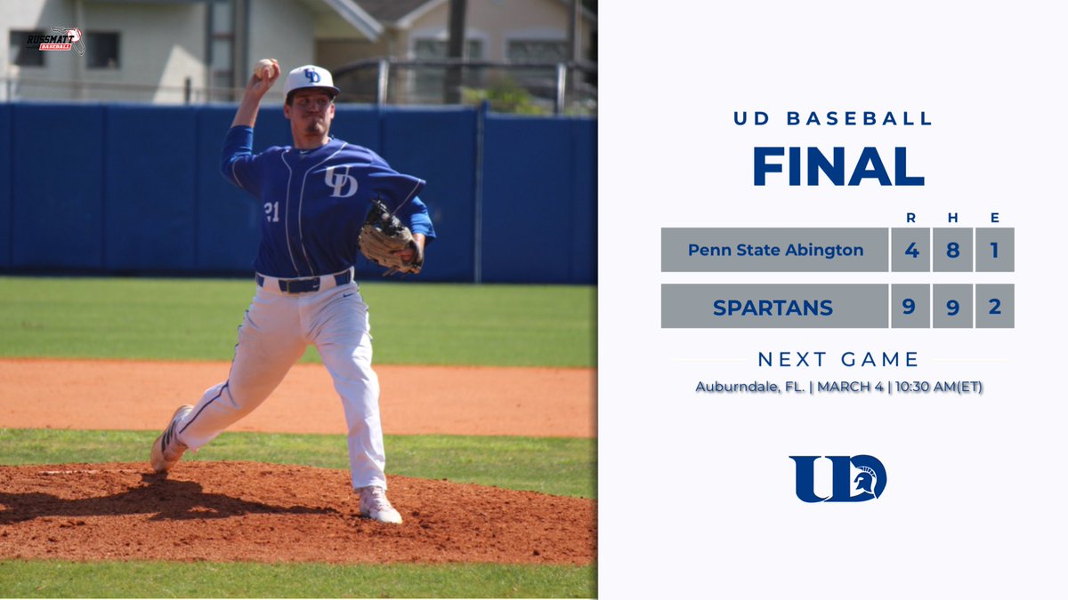 𝙎𝙋𝘼𝙍𝙏𝘼𝙉𝙎 𝙒𝙄𝙉! Spartans put up a 6 spot in the first inning paired with strong pitching to lead them to a win. They finish their trip in Florida with a matchup vs Concordia Chicago tomorrow at 10:30 a.m.(ET).

A. Sullivan: 6.2 IP, 10 K, 1 ER
H. Hicks: 2-5, HR, 4 RBI