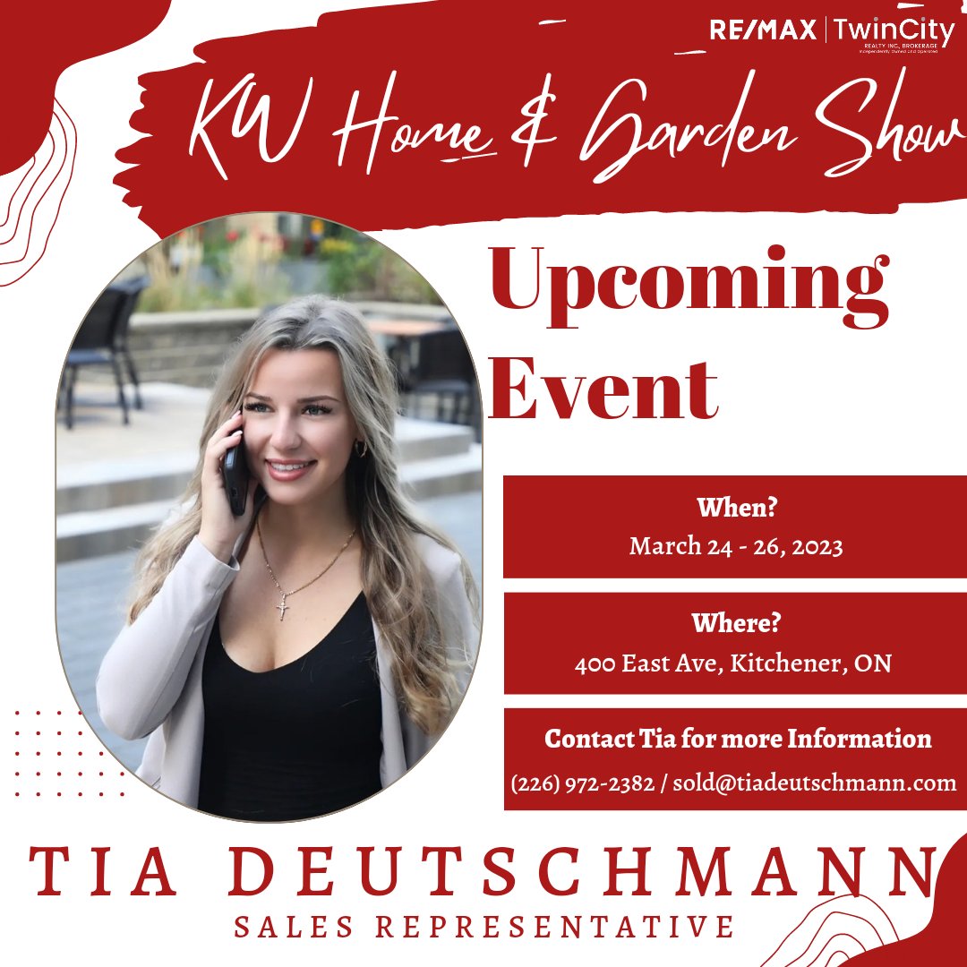Event Alert ‼️ I will be at the KW Home and Garden Show this year 🙌 

Looking forward to seeing you there 😊

Contact me for more information 
📧 sold@tiadeutschmann.com 
☎️ (226) 972-2382 

#kwhome #kwhomeandgardenshow #tiadeutschmann #kitcheneraud #homeshow #realestate