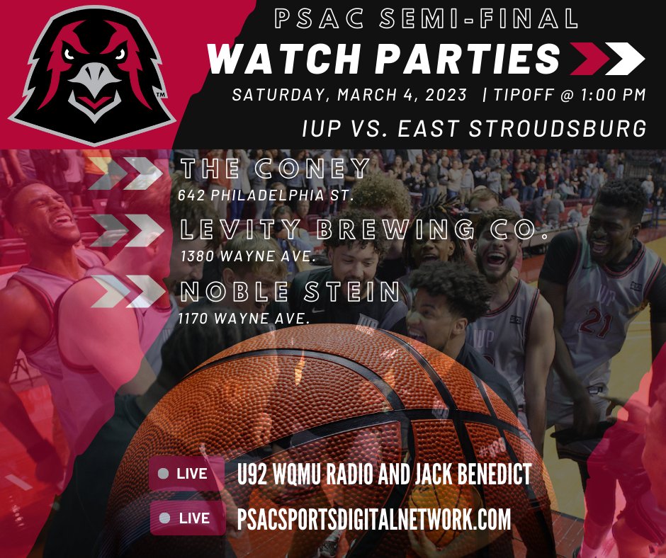 Can't make it to Shippensburg to cheer on the Crimson Hawks on their quest for a fourth consecutive PSAC Championship? Follow along back  in Indiana with several watch parties for the PSAC Semifinals: 

▪️ The Coney 
▪️ Levity Brewing 
▪️ Noble Stein 

#g2g x #TalonsUp
