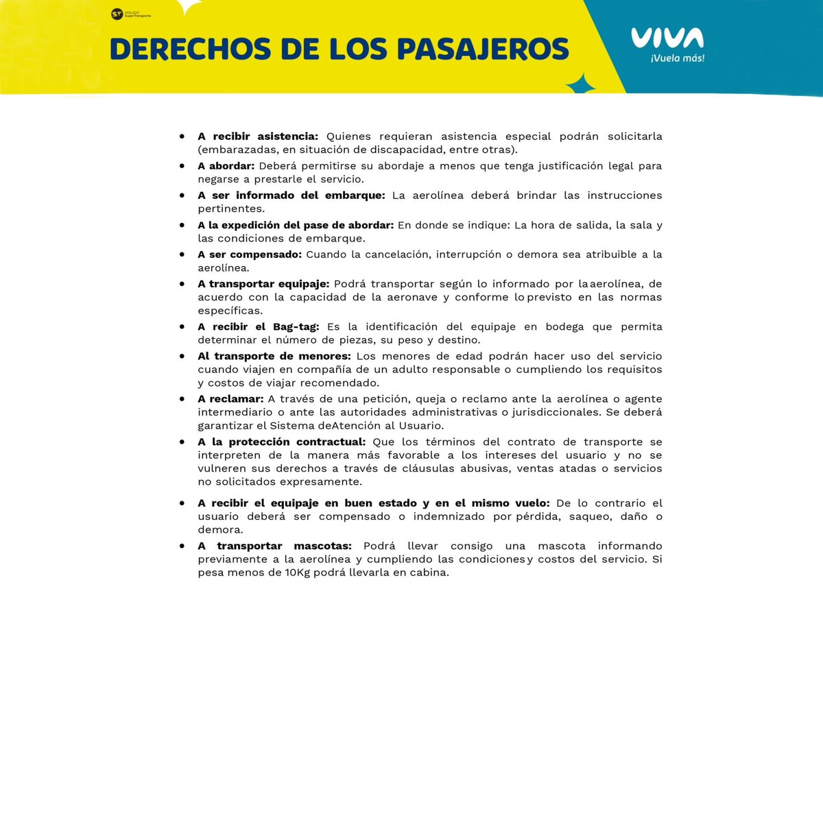 Por orden de la Superintendencia de Transporte, recordamos a los pasajeros afectados por la suspensión temporal de las operaciones de Viva que, según lo reglado por los Reglamentos Aeronáuticos de Colombia y la Ley 1480 de 2011, tienen derecho a (lee este tuit)
