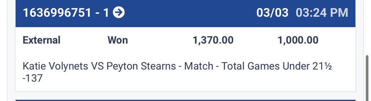 MeatSweatsCash's tweet image. Solid run today capped off with a beauty of match (Collins vs Kalinskaya)

Today:  6 - 4  +5.5u 
( 9 underdogs 1 bet @ -110)

Collins (live) Ml +189  🥩🍴 
Collins 2-1 +250 🥩🍴 
Collins🆚Kalinskaya o21.5 -110 🥩🍴 
Collins🆚Kalinskaya s1 o10.5 ❌ 

Join for FREE.  Link in Bio !