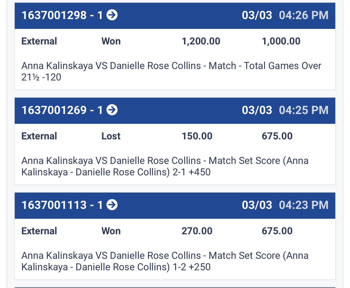 MeatSweatsCash's tweet image. Solid run today capped off with a beauty of match (Collins vs Kalinskaya)

Today:  6 - 4  +5.5u 
( 9 underdogs 1 bet @ -110)

Collins (live) Ml +189  🥩🍴 
Collins 2-1 +250 🥩🍴 
Collins🆚Kalinskaya o21.5 -110 🥩🍴 
Collins🆚Kalinskaya s1 o10.5 ❌ 

Join for FREE.  Link in Bio !