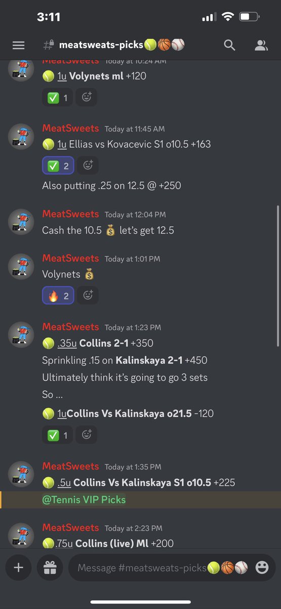 MeatSweatsCash's tweet image. Solid run today capped off with a beauty of match (Collins vs Kalinskaya)

Today:  6 - 4  +5.5u 
( 9 underdogs 1 bet @ -110)

Collins (live) Ml +189  🥩🍴 
Collins 2-1 +250 🥩🍴 
Collins🆚Kalinskaya o21.5 -110 🥩🍴 
Collins🆚Kalinskaya s1 o10.5 ❌ 

Join for FREE.  Link in Bio !