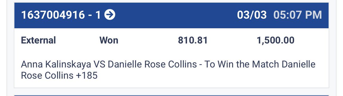 MeatSweatsCash's tweet image. Solid run today capped off with a beauty of match (Collins vs Kalinskaya)

Today:  6 - 4  +5.5u 
( 9 underdogs 1 bet @ -110)

Collins (live) Ml +189  🥩🍴 
Collins 2-1 +250 🥩🍴 
Collins🆚Kalinskaya o21.5 -110 🥩🍴 
Collins🆚Kalinskaya s1 o10.5 ❌ 

Join for FREE.  Link in Bio !