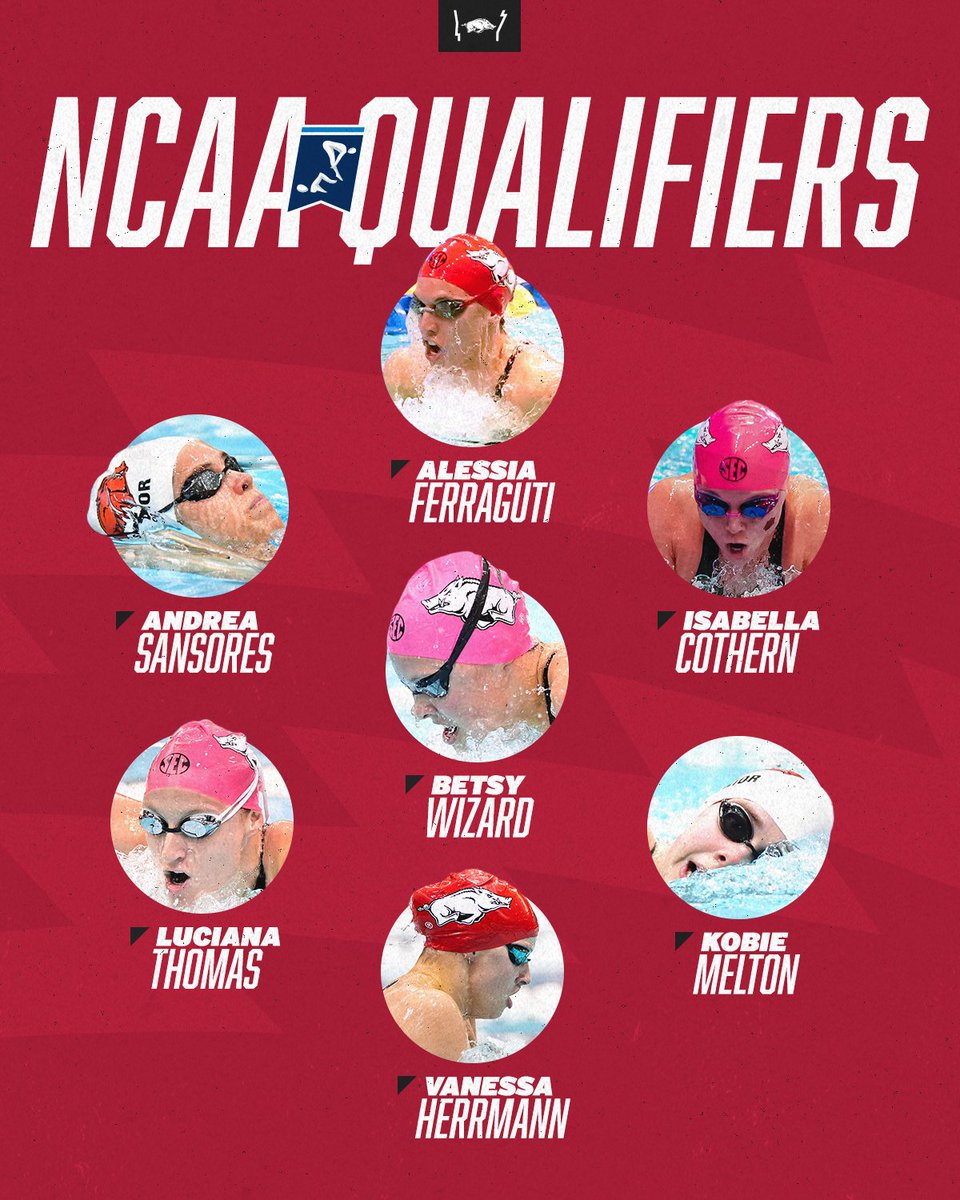 RazorbackSD's tweet photo. 7️⃣ onward to Knox! 
Here are our NCAA Qualifiers: 

- Alessia Ferraguti 
- Andrea Sansores 
- Bella Cothern
- Betsy Wizard 
- Kobie Melton 
- Luciana Thomas
- Vanessa Herrmann https://t.co/a02vkqZwFn