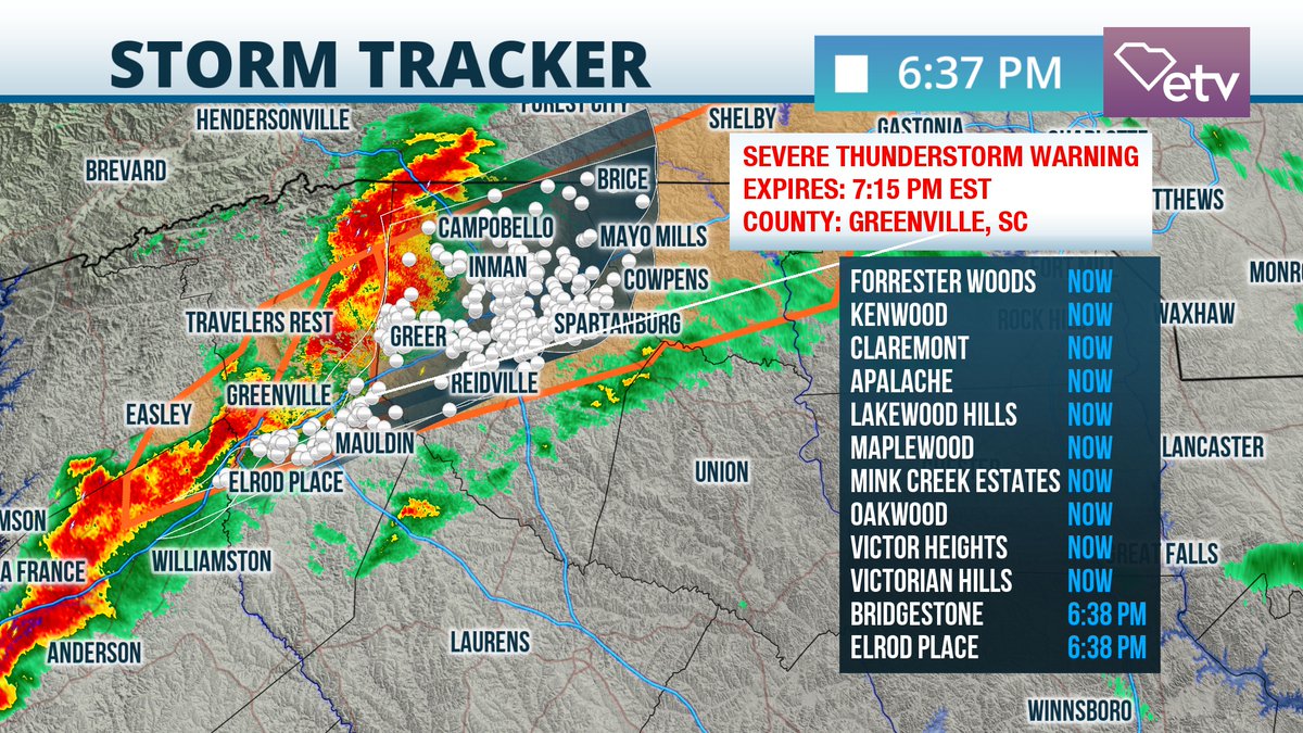 SCETV's tweet image. A line of Severe Thunderstorms is crossing the I-85 corridor and is approaching #Spartanburg. Damagaing winds, small hail, and quick tornado spin ups are all possible from this line. If possible, stay off the roads and inside a sturdy shelter until these storms clear your area!