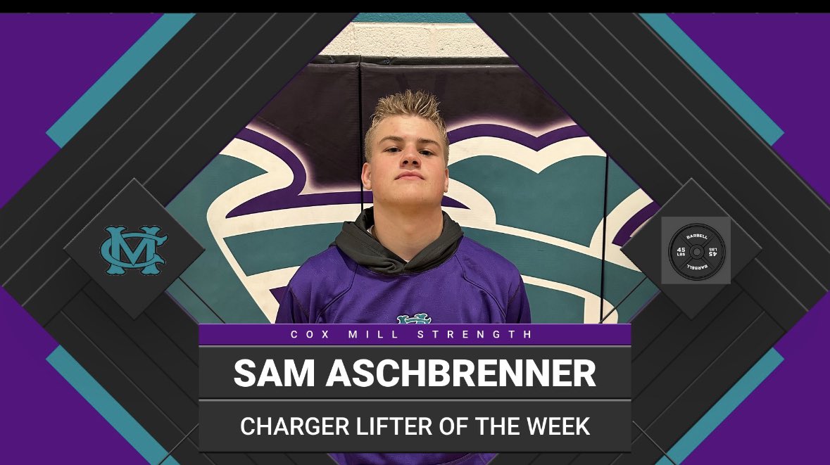 Cox Mill High School Football (@coxmillftbl) on Twitter photo 2023-03-03 23:44:19 Charger lifter is @AschbrennerSam. Sam is consistently working hard in the classroom, weight-room, and field! Charger lifter is @AschbrennerSam. Sam is consistently working hard in the classroom, weight-room, and field!