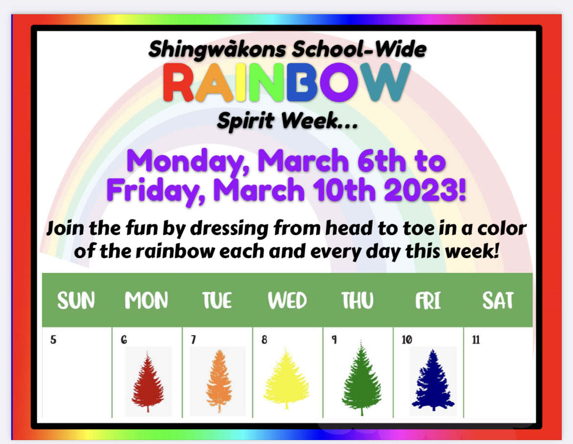 Hey 🦫 and 🦦 Families!  Next week is rainbow 🌈 spirit week!  Wear the colour of the day each day!  Let’s see how many friends will wear red on Monday! ⁦<a href="/MmeGillian/">Gillian Rick 🐀</a>⁩ ⁦<a href="/fgnazeda/">Figen Demir</a>⁩