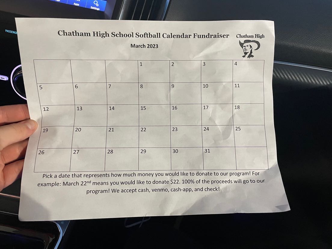 Help support Lady Cavs Softball!!! The day picked = the amount you pay. Everything goes toward a new equipment that is long past due!!! Help us out!
