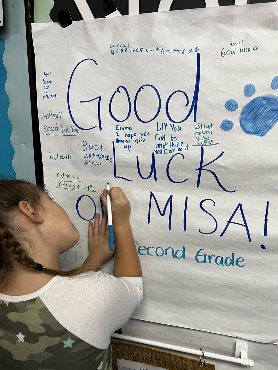 My second graders wanted to wish the 5th grade Bobcats good luck on their MISA testing next week, so we made them a poster and hung it in their hallway! 💙#BCESbeYOU  <a href="/Stein_FCPS/">Megan Stein</a> <a href="/FCPSKSnyder/">Karyn Snyder</a> <a href="/mrs_candaceking/">Candace King</a>