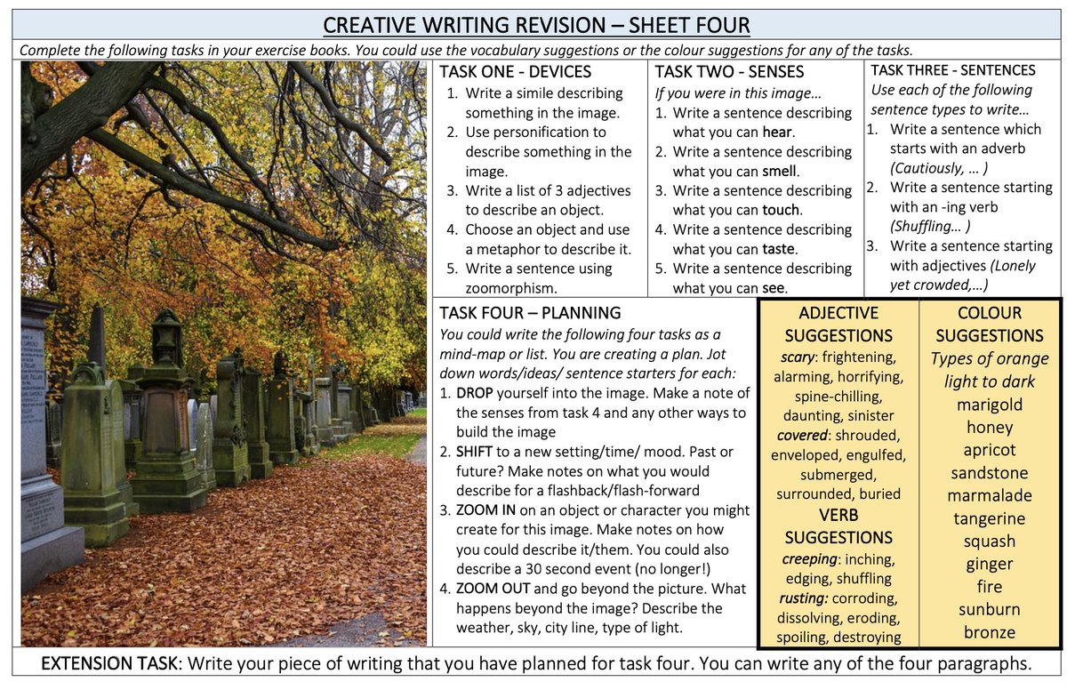 I've made 5 creative writing cover lessons which might be useful for @Team_English1 for cover/revision/lessons etc. See resource here: laurawebbcpd.com/resources/ Hopefully saves someone some time! ✍️💕