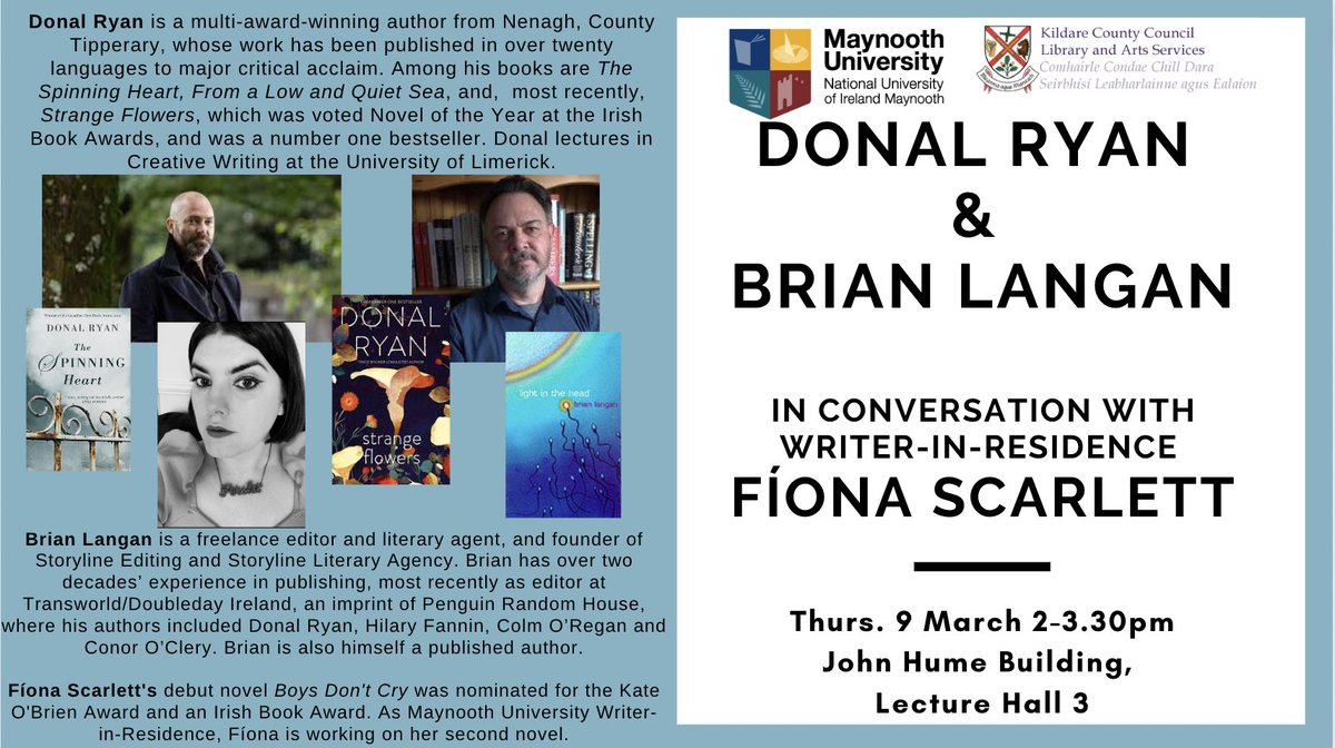 We are thrilled to be hosting Donal Ryan and Brian Langan next Thurs. 9 March at 2pm as part of <a href="/ArtsInCoKildare/">Kildare Arts Service</a> Writer-in-Residence <a href="/Scarlett_for_ya/">Fíona Scarlett</a>'s programme of spring events. This event is free and open to the public! <a href="/writing_mu/">MUCreativeWriting</a>