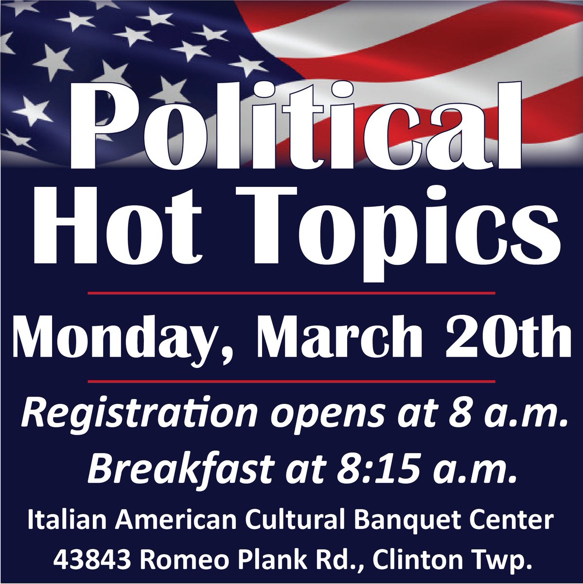 macombchamber's tweet photo. Please join us for our first Political Hot Topics event for 2023. Join Chad Livengood as he speaks with elected officials in an open forum regarding important topics affecting Macomb County. Registration is open; click here to attend: https://t.co/omTRdr2J9p #politicalhottopics https://t.co/Mb2phvC8yz
