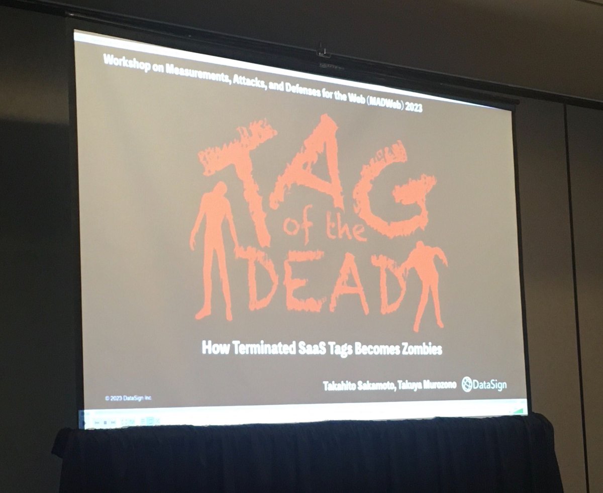 AuroreFass's tweet image. Finally, Takahito Sakamoto (virtually) investigates how terminated SaaS tags become zombies, at #MADWeb 2023 co-located with @NDSSSymposium!