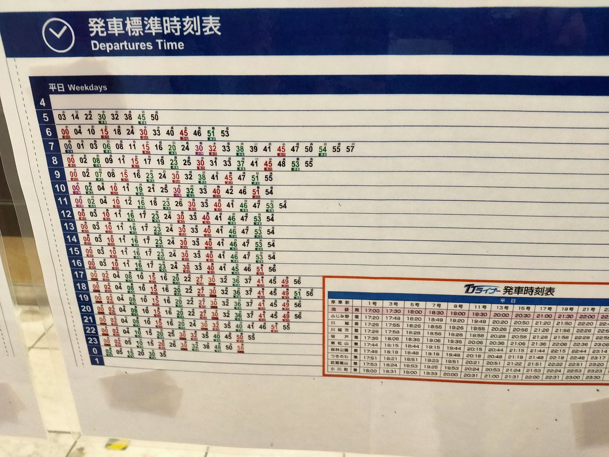 東武東上線池袋駅の3/18ダイヤ改正後時刻表。 森林公園行き川越特急