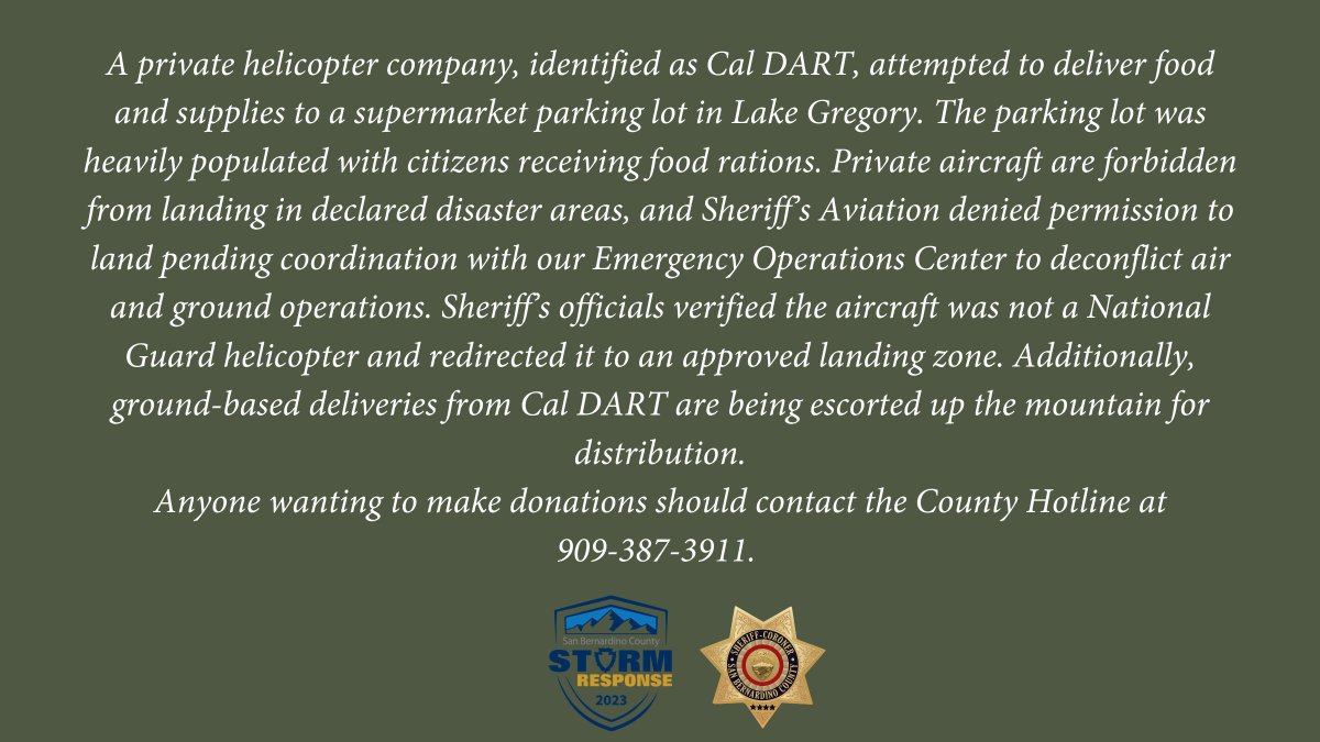 sbcountysheriff's tweet photo. We are aware of social media posts stating the Sheriff's Department has denied aid from a private helicopter company. Please see the below statement clarifying this misinformation. https://t.co/rcVXcpz19k