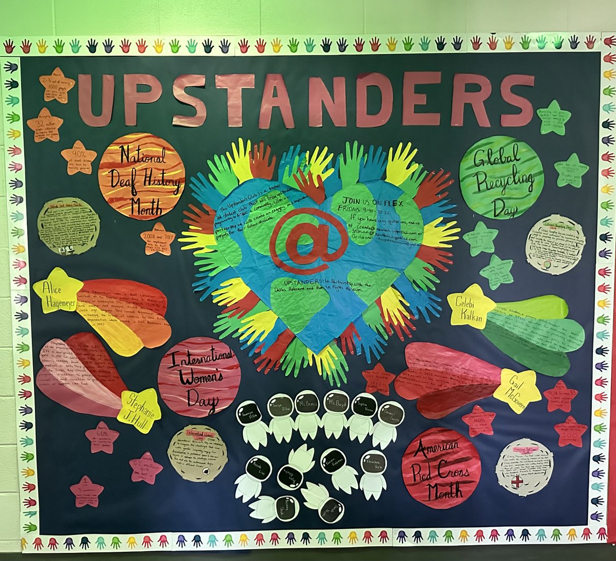 This month, the Upstanders Club is excited to celebrate and honor #RedCrossMonth, #InternationalWomensDay, #NationalDeafHistoryMonth, and #GlobalRecyclingDay! Look out for more information about each day and stop by the 100s hall to see the bulletin board!