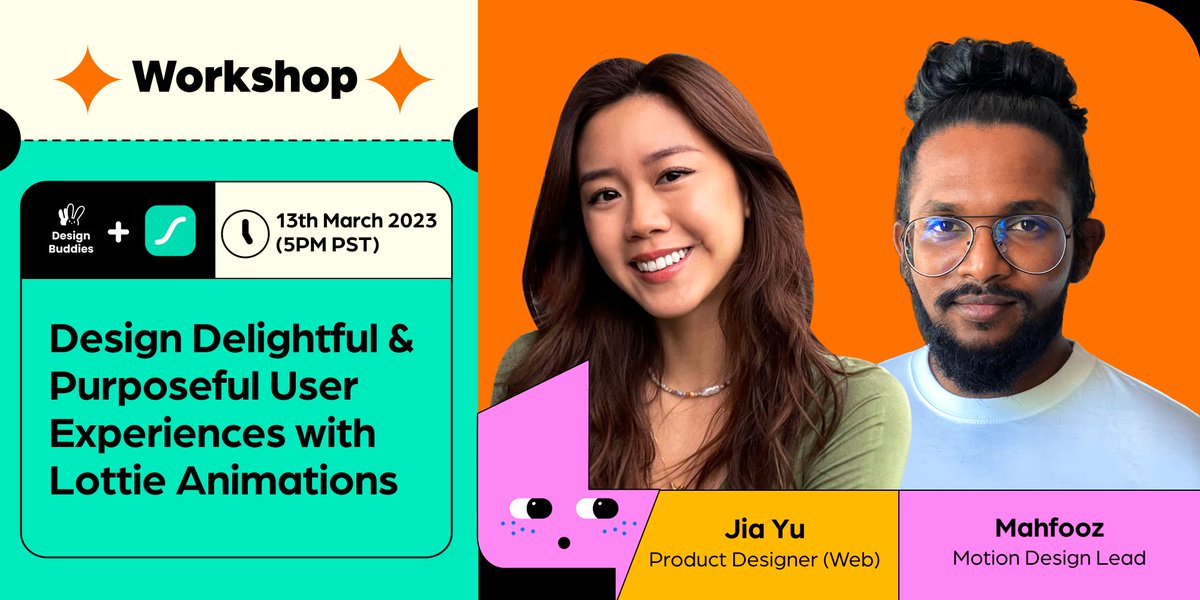 Hi Buddies!  Join our workshop led by <a href="/jiayu_hong/">Jia Yu Hong</a> and <a href="/mau__ali/">Mau</a> from @Lottiefiles! 

💫 Design Delightful &amp; Purposeful User Experiences with Lottie Animations (Mon Mar 13, 5pm PST) 

🎉 RSVP: lu.ma/ux-animation  

🐰 Hop into our #design community: discord.gg/designbuddies
