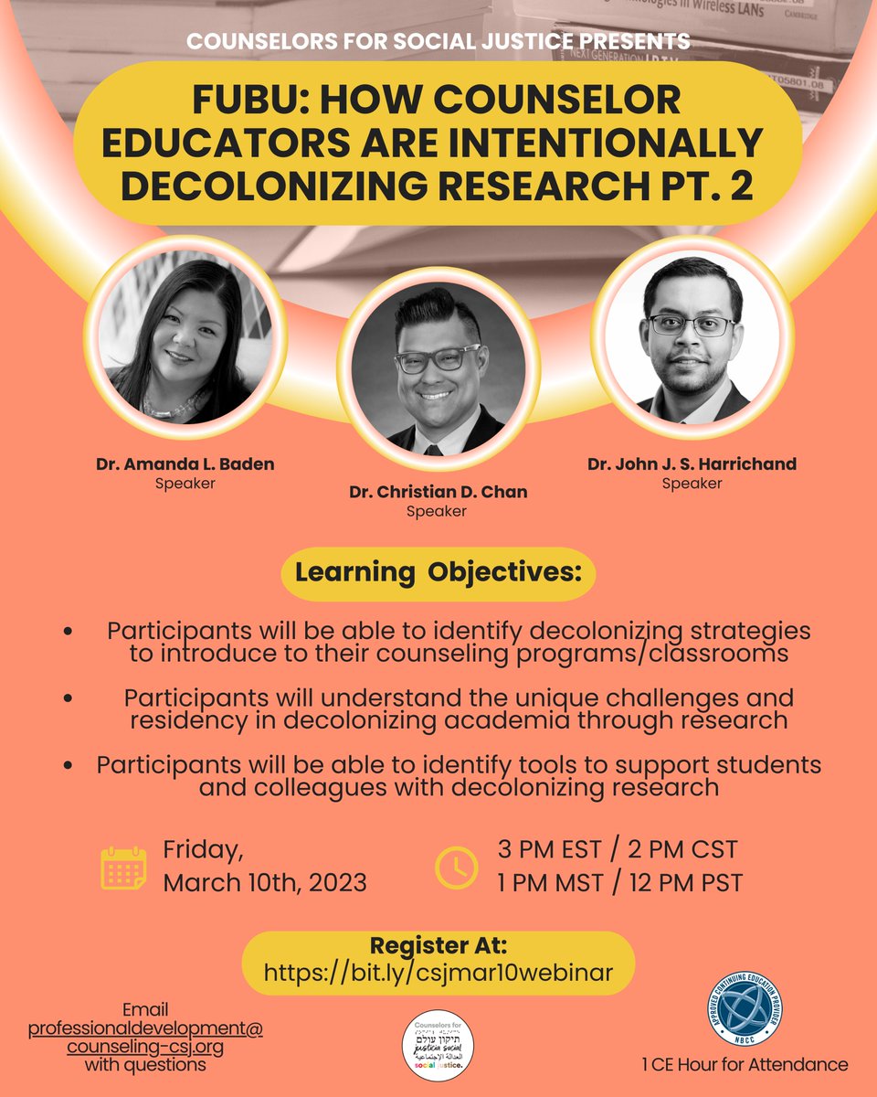 CSJNational's tweet photo. Join #CSJ for our next webinar: FUBU: How Counselor Educators are Intentionally Decolonizing Research Part Two
3 PM EST / 12 PM CST / 1 PM MST / 12 PM PST
Register At: https://t.co/3QIMXdp1jj
We hope you can join us!
#counselorsforsocialjustice #socialjustice #counseling https://t.co/QMKPAYfNSC