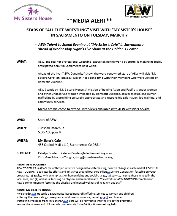MySisters_House's tweet photo. We are happy to announce a fun Meet &amp; Greet with @AEW @aewtogether the night before their big show at @Golden1Center 

@downtownsac @Sacramento365

We hope to see you all come out and support and share with your friends 

#AEW #aewdynamite #ROH #HelpSurvivors  #Sacramento https://t.co/cyd38fQvCg