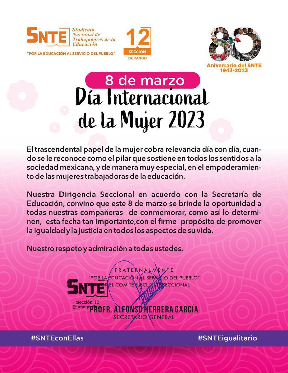 Snte12Durango's tweet photo. 8 de marzo

Día Internacional de la Mujer 2023👩🏻‍🦱👧🏼👵🏽 #SNTEconEllas

Nuestro respeto y admiración a todas ustedes. #SNTEigualitario

PROFR. ALFONSO HERRERA GARCÍA 
Secretario General 
#sección12 https://t.co/CdelrC5wNM