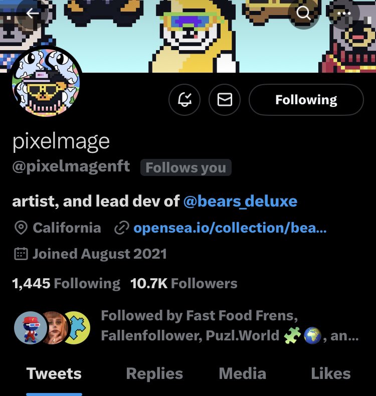 Gotta show off the @pixelmagenft follow. Probably one of my top 5 artists and dev of one of my top 3 projects in the Web3 multiverse. It’s an honor and privilege family. 🫡🫡🫶🏼🫶🏼