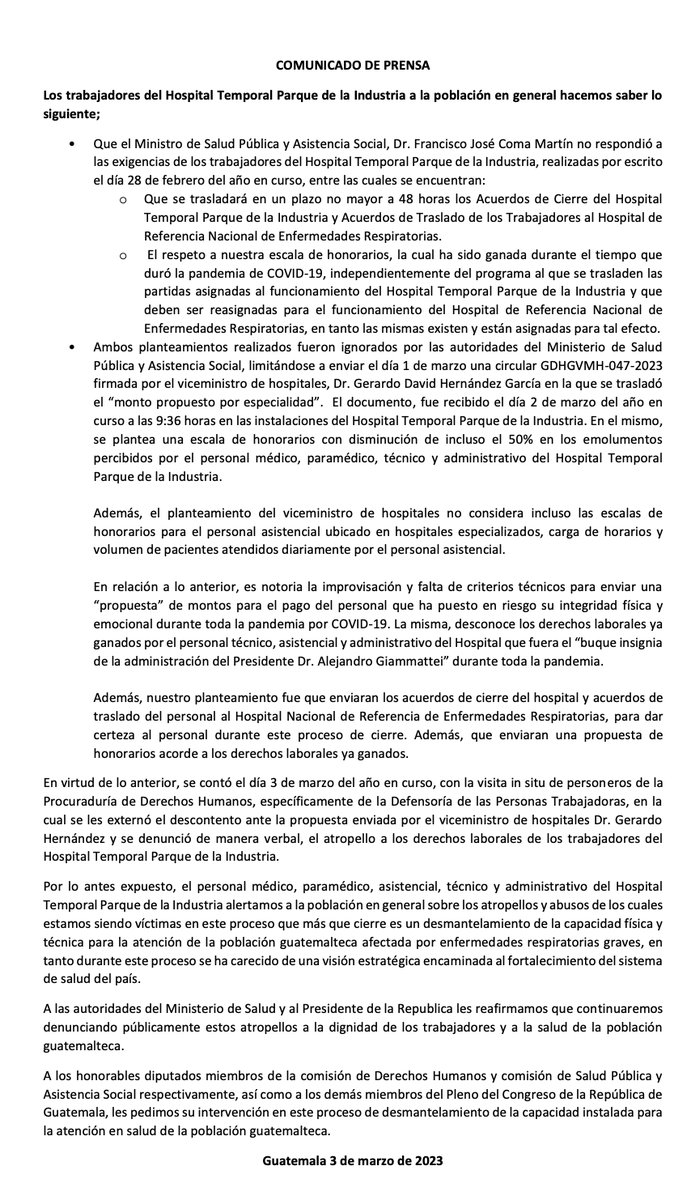 Factor4_GT's tweet photo. 📢Los trabajadores del antiguo Hospital Temporal Parque de la Industria denuncian que su traslado al Hospital de Referencia Nacional de Enfermedades Respiratorias implica una disminución de incluso el 50% en los honorarios percibidos por todo el personal. https://t.co/4zKXwQHcqZ