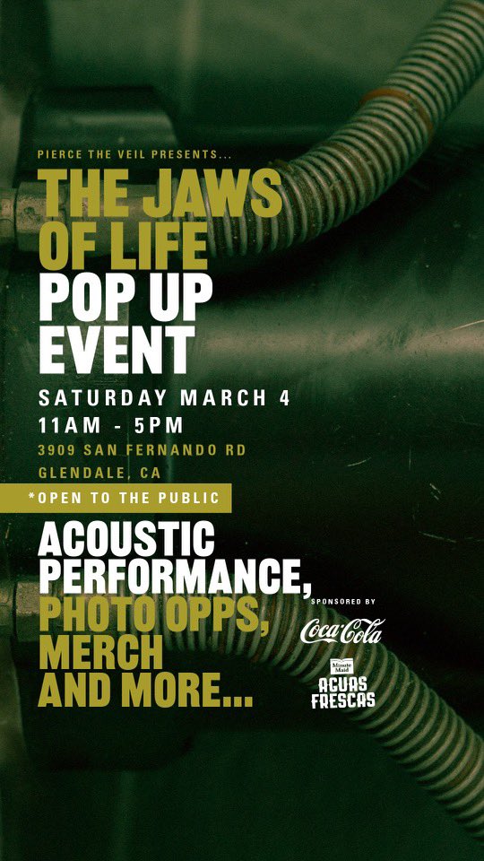 piercethevic's tweet image. TOMORROW! You are invited to celebrate the release of our new album, The Jaws Of Life. Thank you for supporting our new music. Can’t wait to see you there💚
LOCATION:
3909 San Fernando Rd
Glendale, CA 91204
SATURDAY MARCH 4
11AM – 5PM