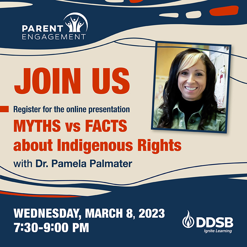 DDSB Parents &amp; Guardians are invited to:

Myths vs Facts - What does it mean when we say that Indigenous Rights are distinct? 

Join Dr. Pam Palmater, a Mi’kmaw lawyer as she educates &amp; inspires with her knowledge about Indigenous Rights.

Register at: bit.ly/3Zejtit