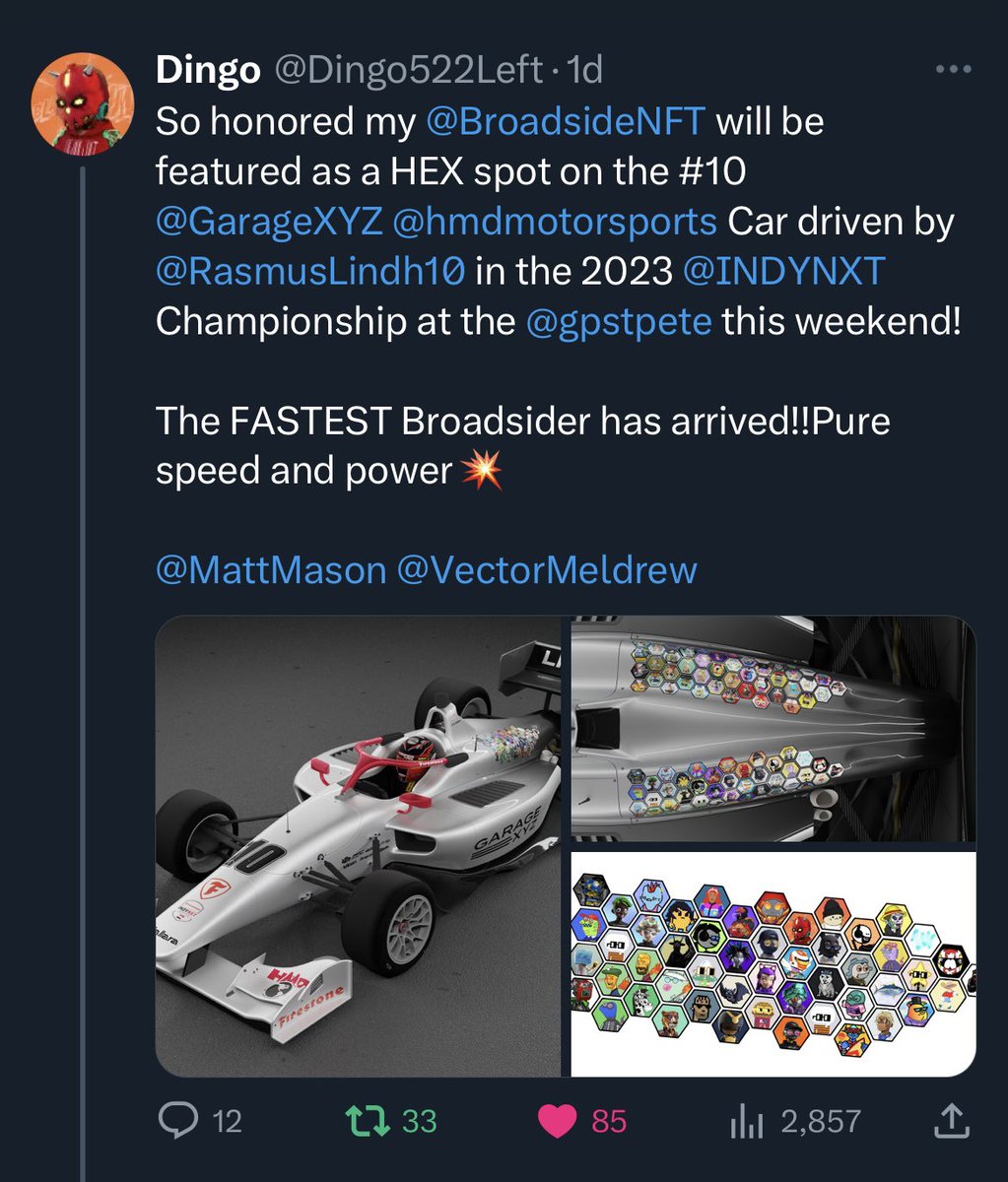 In the last 24hrs, the Broadside community has:

- Put a Broadsider on an Indy 500 car

- Announced they are building a Roblox game

Why? 

Because they can.

If the only metric you’re following in web3 is trading volume, you’re missing the big picture. ☠️⬆️