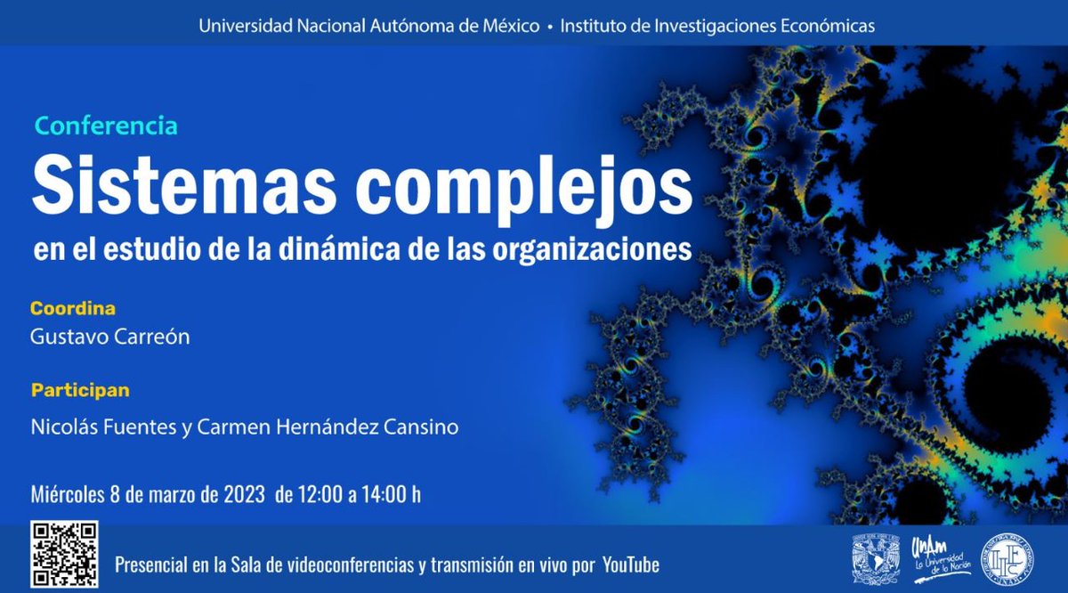 Cordial invitación a la conferencia en el @IIEc_UNAM  que se llevará a cabo este Miércoles 8 de marzo de 2023, de 12:00 a 14:00 h, en la Sala de videoconferencias. ¡También podrán seguir la transmisión en vivo por YouTube!  #SistemasComplejos #EstudioDeOrganizaciones #IIEc #UNAM