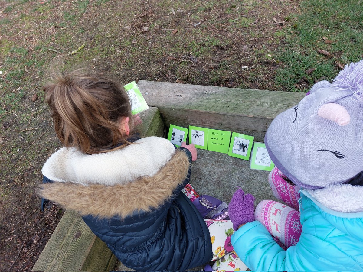 TammySiganakis's tweet photo. For our #outdooreducation walk, I read the story "Snowballs" and then the students hid cards and then went searching for others in order to sequence how to build a snowman. @Alexander__Elem @AbbotsfordSD #abbyschools #meltedsnow https://t.co/T5fG0qgglf