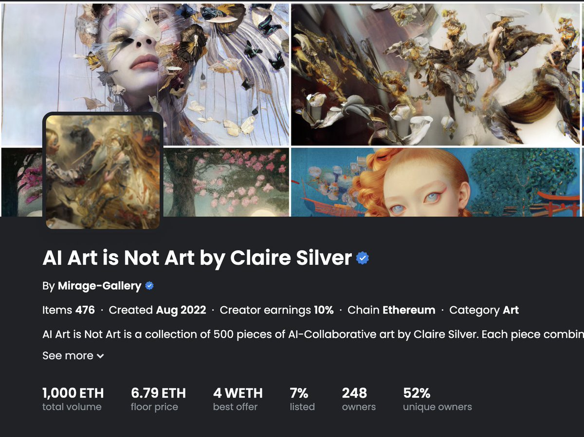 Mirage Gallery (@miragegalleryai) on Twitter photo AI Art is Not Art by <a href="/ClaireSilver12/">Claire Silver πΈ</a> has made it to 1000 eth in trade volume!
It's been so amazing to see all of the support lately for AI-collaborative art.
Thank you all and congratulations Claire!
π€―β₯οΈπΌοΈπ¨π«π₯ AI Art is Not Art by <a href="/ClaireSilver12/">Claire Silver πΈ</a> has made it to 1000 eth in trade volume!
It's been so amazing to see all of the support lately for AI-collaborative art.
Thank you all and congratulations Claire!
π€―β₯οΈπΌοΈπ¨π«π₯