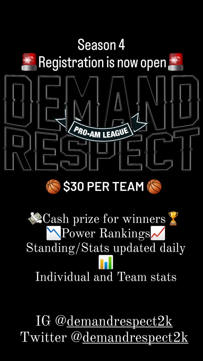 DemandRespect2k's tweet photo. Demand Respect SZN 4
Registration is now open

- Aiming to start Monday, March 6th.
- Reg season 10 days
- Daily standings updates
- Player/Team leaders
- 16 games min for playoff eligibility
- DEMAND RESPECT AWARDS https://t.co/URYLnDSmOI