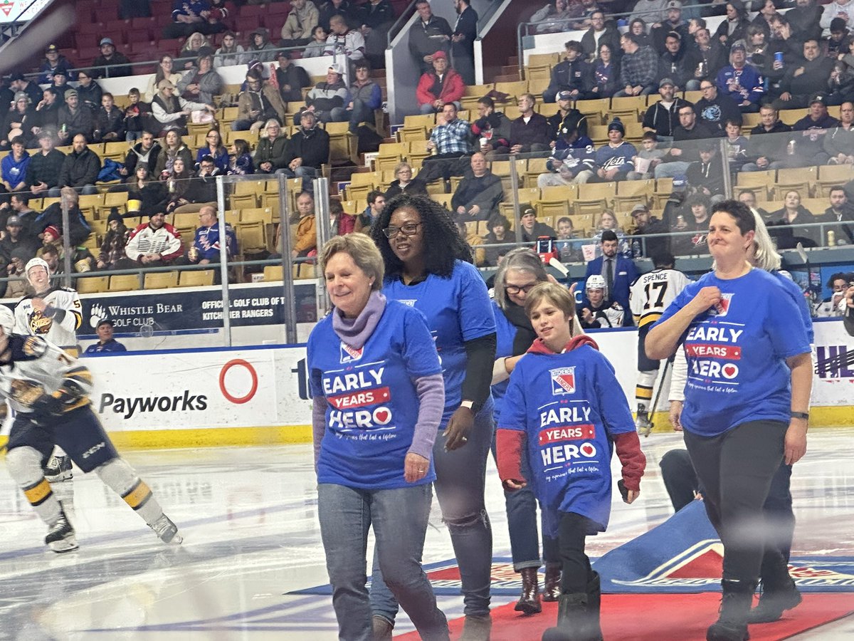 <a href="/OHLRangers/">Kitchener Rangers</a> honouring Registered Early Childhood Educators and Early Years Professionals at tonight’s game. Great to have Regional Chair <a href="/Redman4Region/">Karen Redman</a> Councillor <a href="/_colleenjames/">Councillor Colleen James MEd. (she/her)</a> Shell Secret, Goranka Vukelich and Barb Cardow here for a ceremonial puck drop.