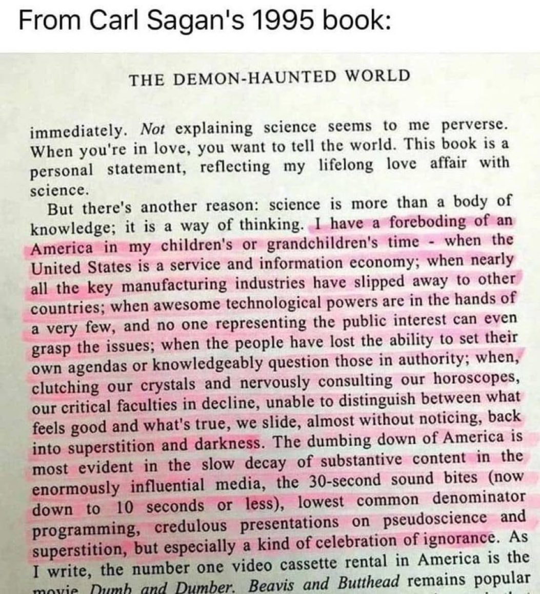 highbrow_nobrow's tweet photo. 🔭 In 1995, American astronomer Carl Sagan predicted what a future American society could look like.

His forecast has been proven prescient.

Read below. https://t.co/loXS0YBX8T