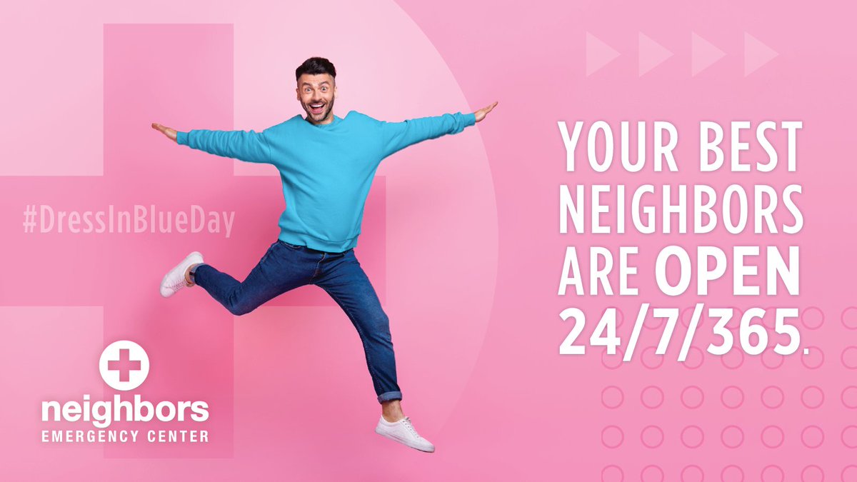BestNeighborsER's tweet photo. One in 24 people will be diagnosed with Colorectal cancer, or CRC,  in their lifetime. On #DressInBlueDay, we wear blue to bring awareness to this disease. Experiencing abnormal abdominal pain? Your Best Neighbors are open 24/7/365 for all emergencies. 

https://t.co/nwb01LGgVD https://t.co/gQmxdXjFRQ