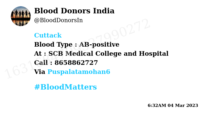 #SOS #Cuttack Need #Blood Type : AB-positive Blood Component : Blood (WBC) Number of Units : 5 Primary Number : 8658862727 Secondary Number : 9777994343 Patient : Renuka Chalan Illness : Bone marrow transplant Via: @Puspalatamohan6 #BloodMatters