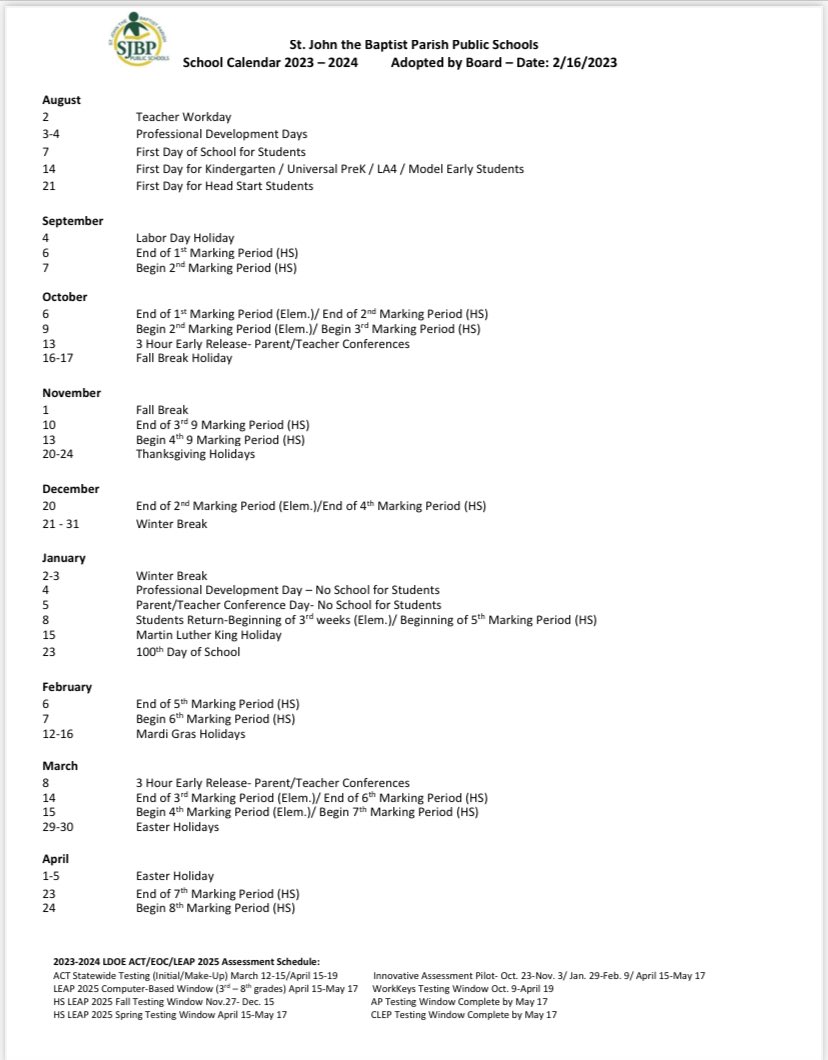 SJBPS118's tweet photo. The 2023-2024 School Year Calendar was approved by the Board on February 16, 2023. Below is the approved calendar including the start and end dates of school, early release days for parent/teacher conferences, holidays, and the testing dates for the upcoming school year. https://t.co/Bz0cKpMuQC