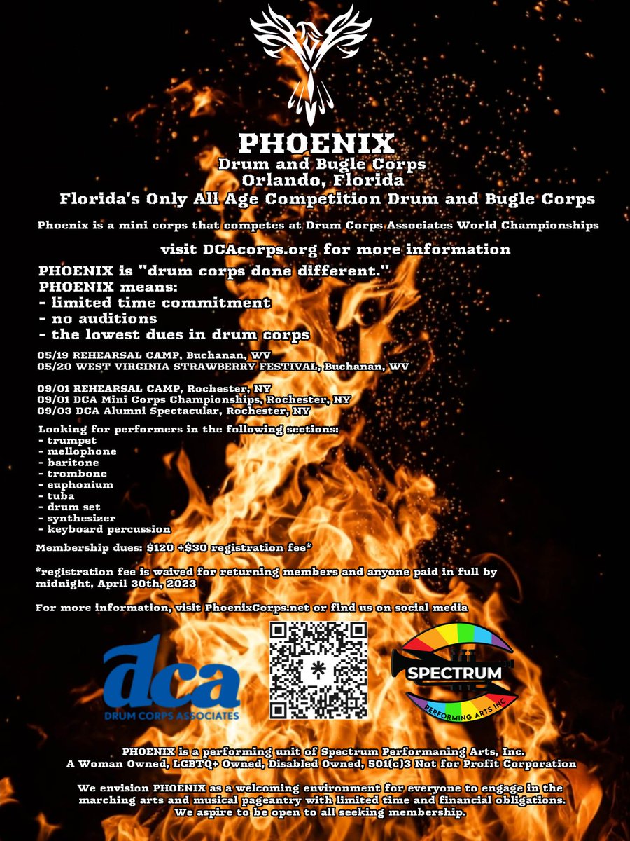 PhoenixCorpsDCA's tweet photo. Now recruiting for 2023.
#phoenix2023 #DCAcorps #DCA2023
#Minicorps #WeAreDCA #WeAreFL #RiseUp #FromTheAshes #drumcorps
#SmallButMighty #SkysTheLimit
#DrumCorpsInternational
#DCI #SoundSport
#band #marchingband https://t.co/MTvV7Kgg6z