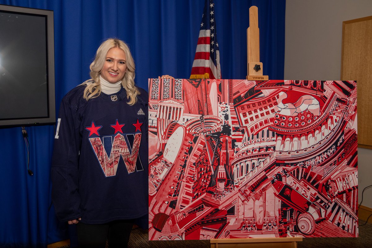 CapitalsPR's tweet photo. PHOTOS: The @Capitals unveiled today a Women in Hockey warmup jersey inspired by Title IX. The jersey, designed by former @PWHPA goalie Kimberly Sass of @sassstudio_art, will be worn during warmups when the Capitals host Women in Hockey Night on March 23. A @MSEFndn auction will feature the jerseys, the original acrylic on canvas painting Sass painted and used as reference for the jersey design, and pucks featuring Sass's artwork autographed by Capitals players and will make a donation to @WomensSportsFdn.