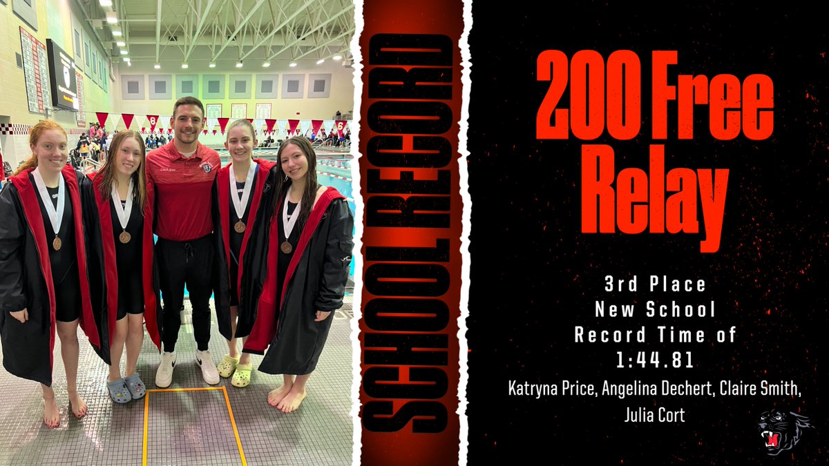 District XI AA Bronze Medalists and a New School Record Time for the 200 Free Relay!  Katryna Price, Angelina Dechert, Claire Smith, Julia Cort. #SVPanthers