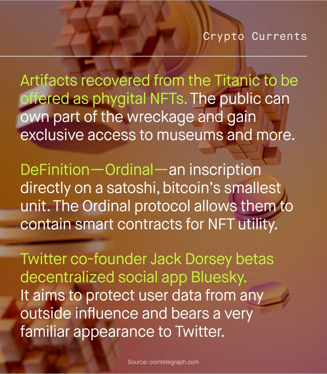 What happened #ThisWeekInCrypto? Titanic artifacts to be offered as  phygital NFTs, Ordinals allow smart contracts to be inscribed directly on  the bitcoin blockchain, and Twitter co-founder Jack Dorsey betas  decentralized social app