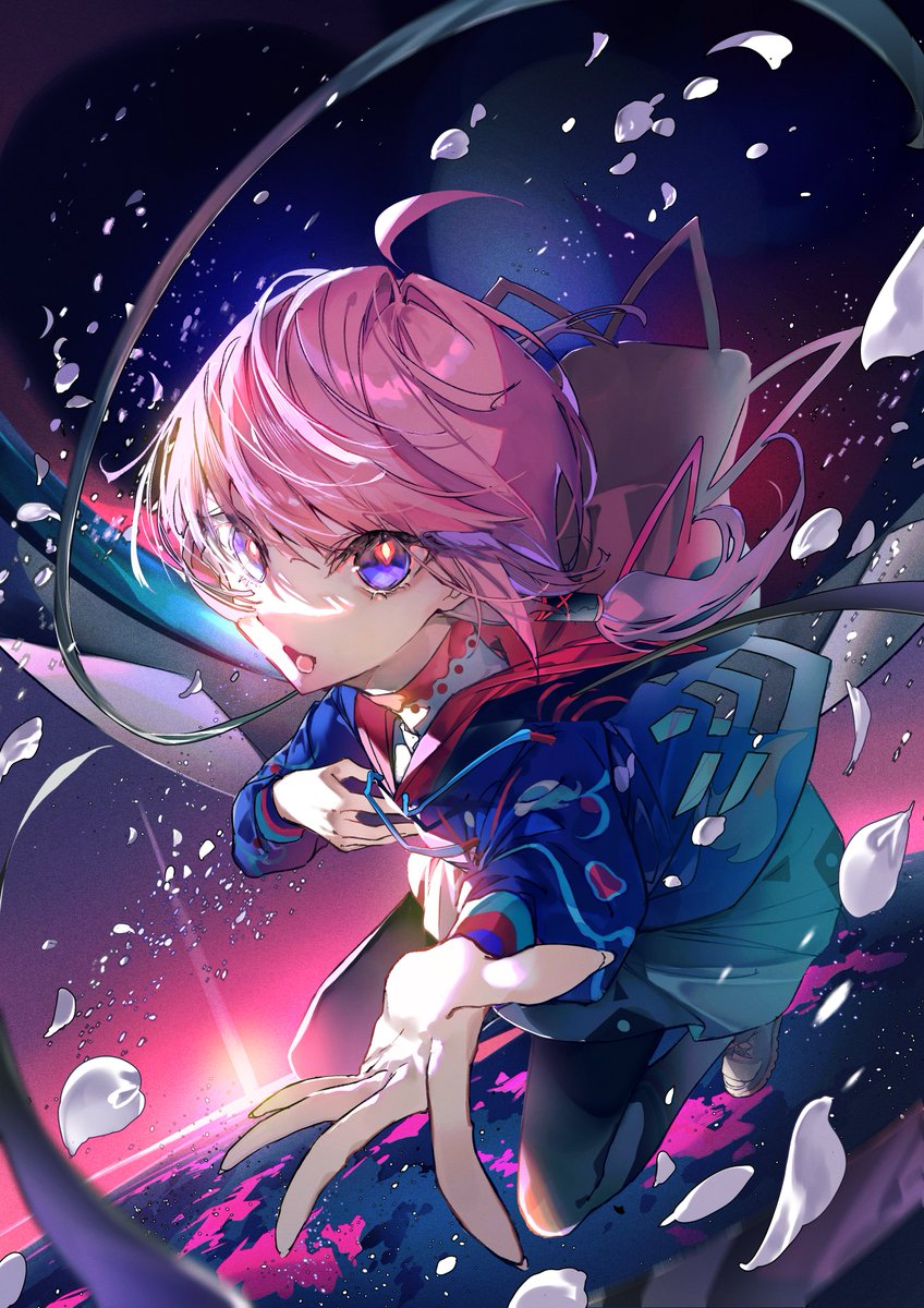 1girl solo hood pink hair yellow pupils open mouth multicolored eyes  illustration images