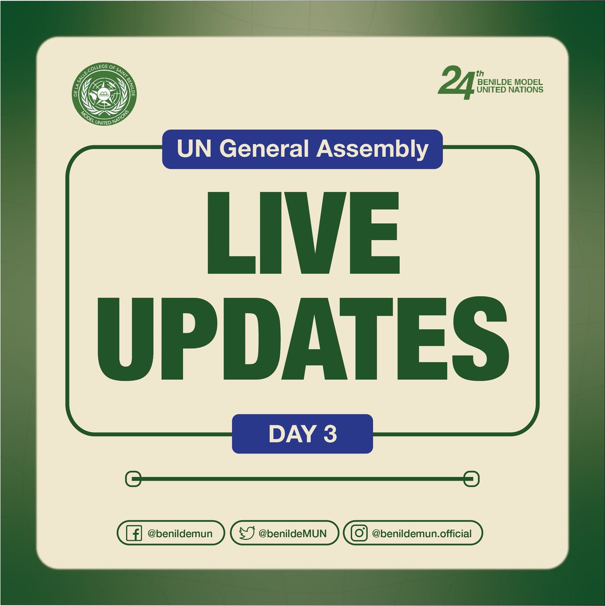 BenildeMUN's tweet photo. 📣 [LIVE UPDATES]
UN General Assembly - Day 3 of the 24th BMUN Conference

Chair: Vince Guina
Vice Chair: Theo Puljanan
Rapporteur: Bianca Diaz

Coverage by Jade Vargas, Victoria Mareposque &amp; Riana Sison
Art by Mark Sambajon

#UNGAUpdates
#24thBenildeMUN  
#ReconnectingInRealTime https://t.co/qjO88Hq6H9